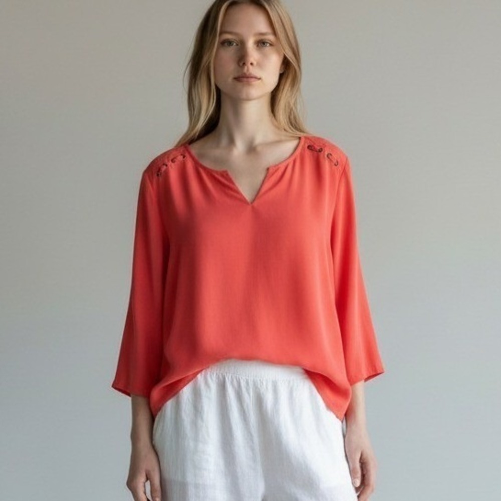 Chicos Peach Silk Blouse Sz 2 US 12 | Roll Tab Sleeve Coastal Classic Beachy Top